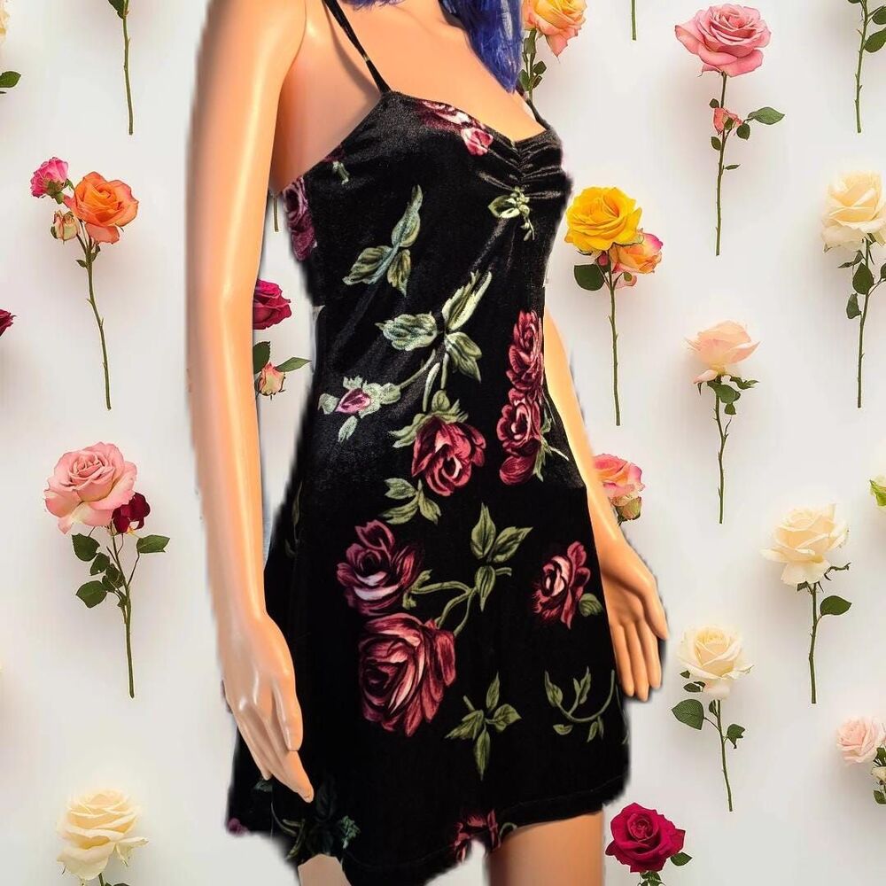 Black Velvet midi Dress with purple Roses